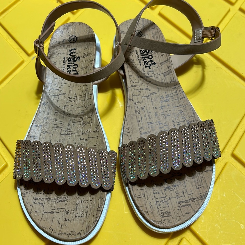 SoftWalk Girls Tan Rhinestone Ankle-Strap Sandals